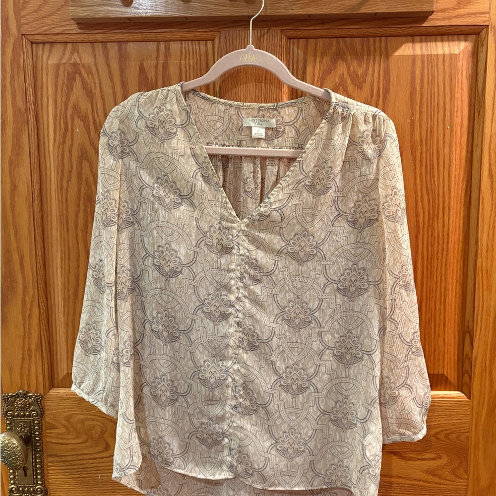 Saint Tropez West White Gray Bell Sleeve Blouse
